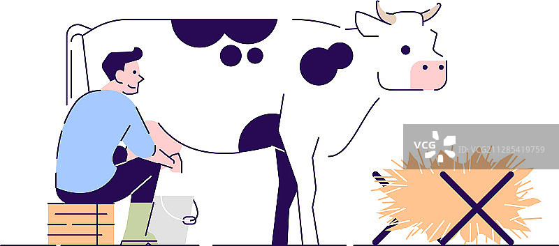 挤牛奶的农民，家畜扁平人物图片素材
