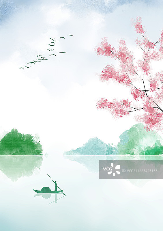中式三月江南山水桃花插画图片素材