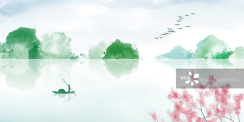中式绿色三月江南桃花山水插画图片素材