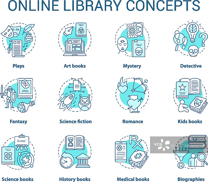 在线图书馆绿松石概念图标图书合集图片素材