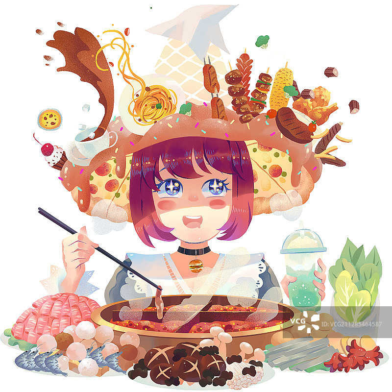头顶各种食物吃火锅的女孩图片素材