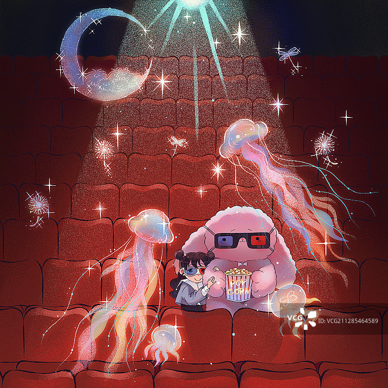 抱着大兔子的女孩拿着爆米花在电影院图片素材