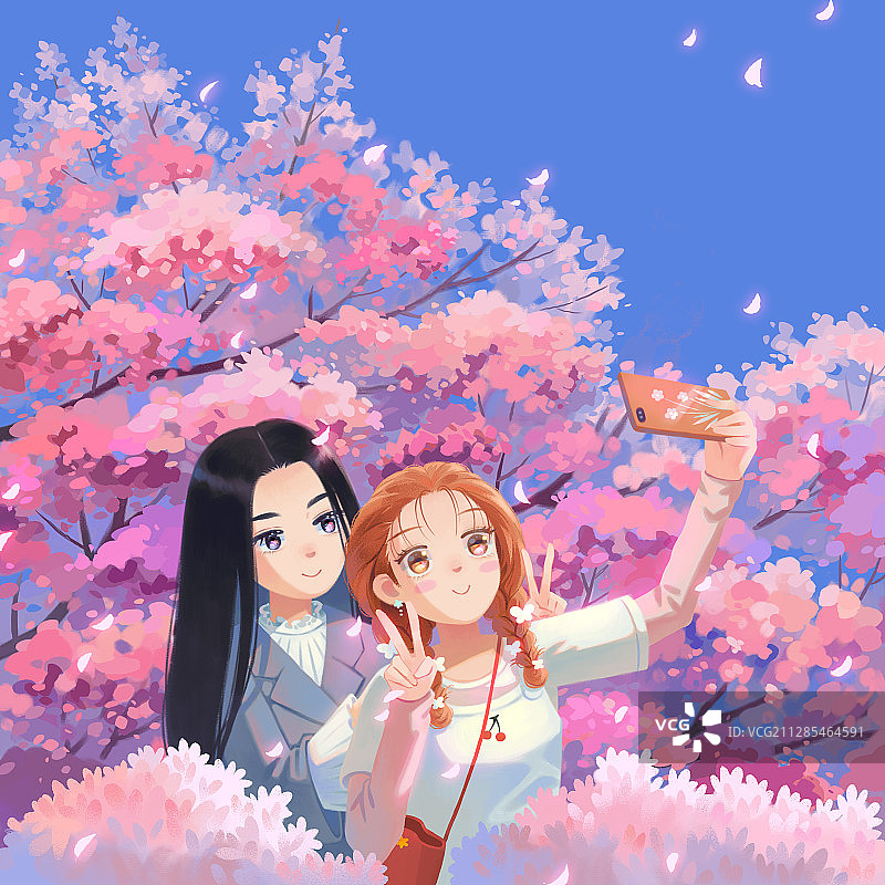 樱花树下自拍的两个女孩图片素材