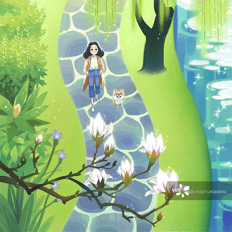 女子带着狗在河边玉兰花下散步图片素材