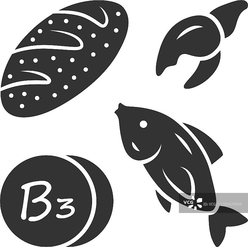 维生素B3图标：面包、鱼和海鲜图片素材