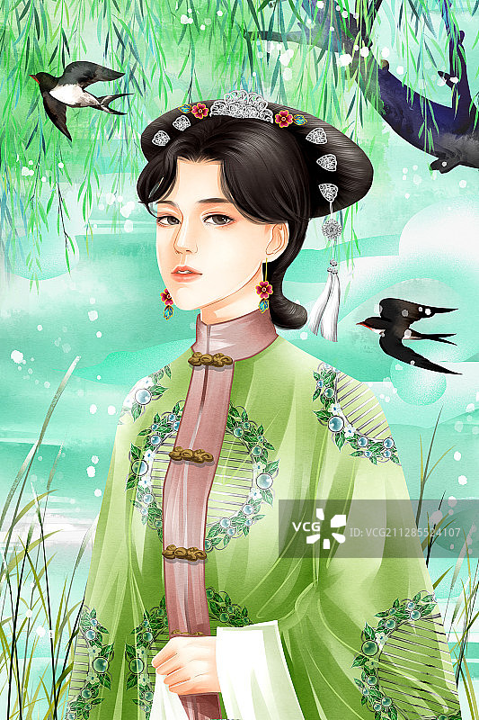 中国风水彩古风清朝宫女插画图片素材