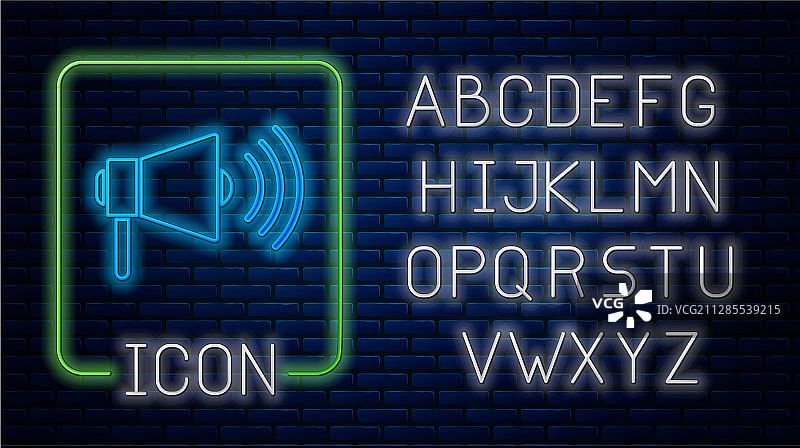 发光的霓虹灯扩音器图标，砖墙背景图片素材