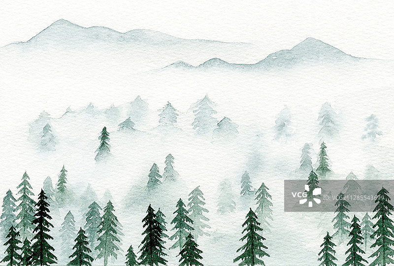 远处的山脉和一大片松林 水彩手绘场景插画图片素材