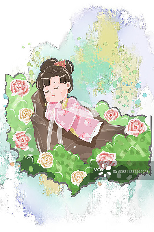 红楼梦金陵十二钗正册史湘云醉卧芍药丛插画图片素材