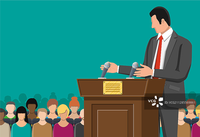 带有麦克风的棕色木制讲台图片素材