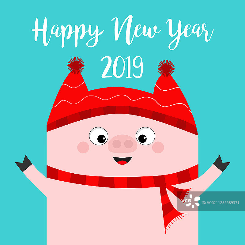 戴红色帽子围巾的猪新年快乐图片素材