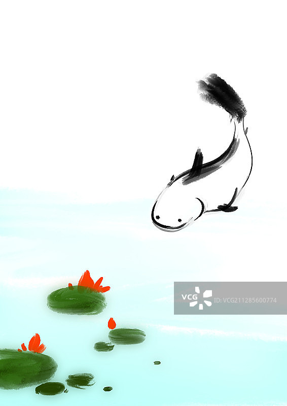 清新自然创意水墨中国画荷花鲶鱼图片素材
