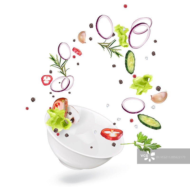 香料和蔬菜在纯白色盘子上飞舞图片素材