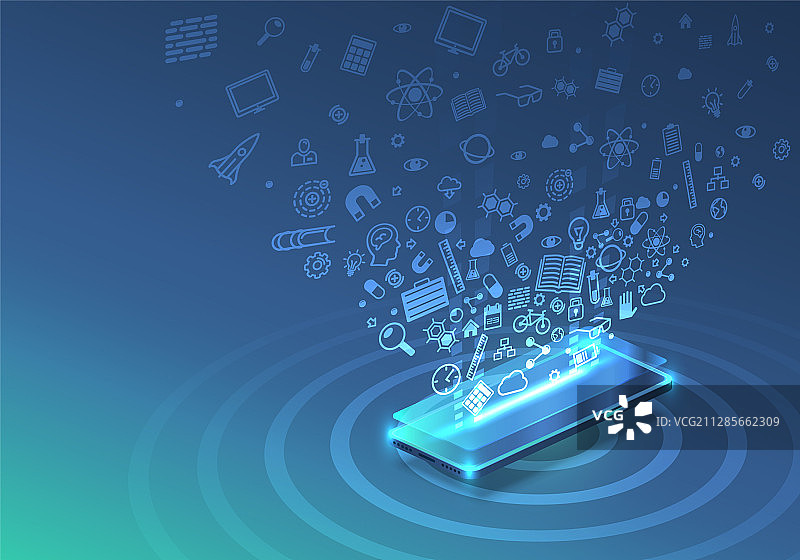 许多现代蓝色屏幕手机霓虹灯图标图片素材