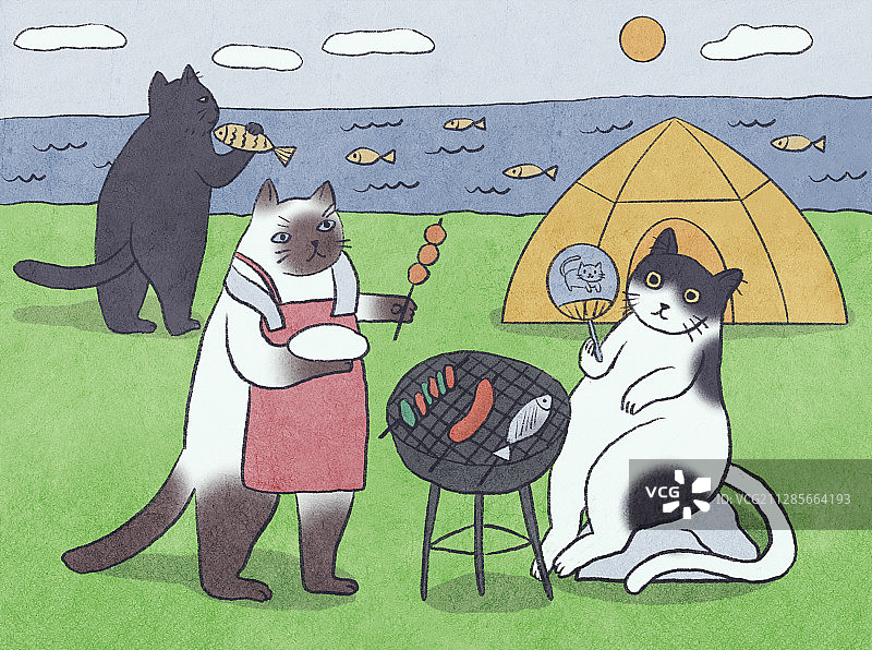 猫咪在湖边的草地上吃烧烤图片素材