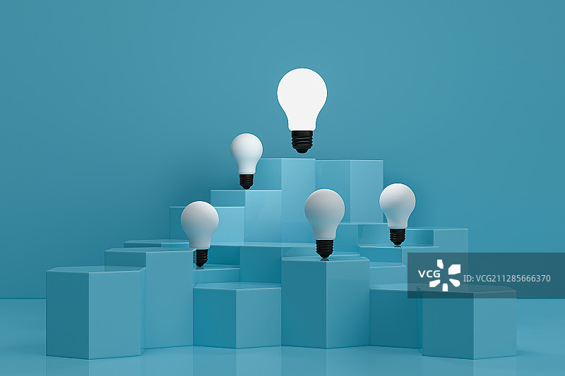3D灯泡在楼梯上图片素材