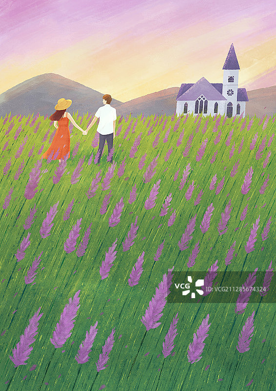 牵手情侣花田背影教堂图片素材