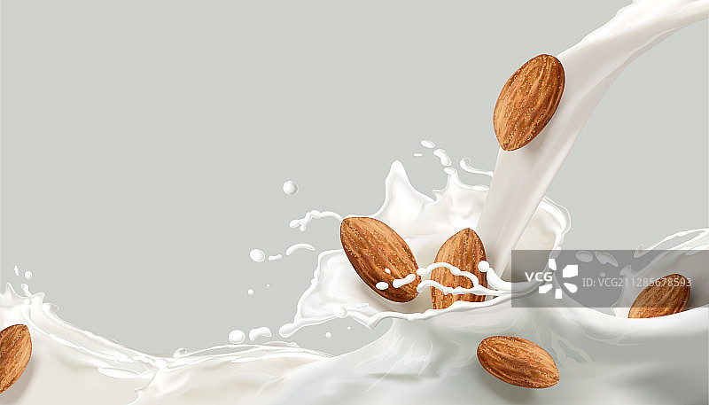 傾倒牛奶特效與杏仁果核图片素材