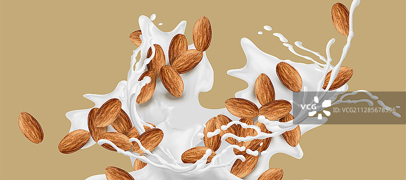 噴濺牛奶與杏仁果核特效图片素材