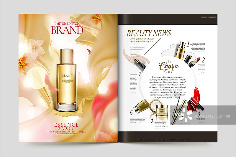 时尚美妆杂志与金色精华液图片素材