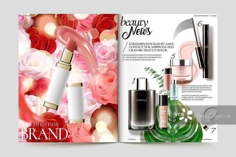时尚美妆杂志与玫瑰花装饰元素图片素材