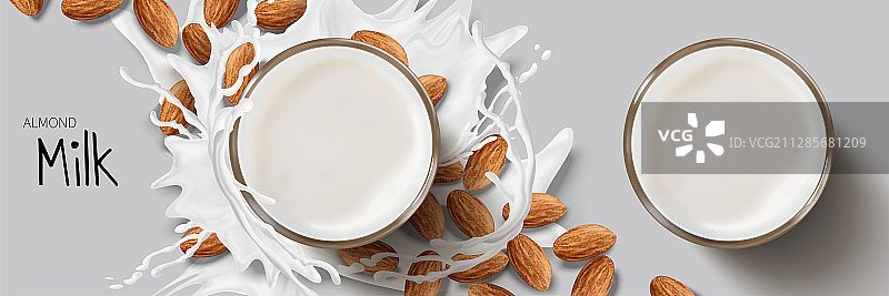 噴濺牛奶與杏仁果核特效頂視圖图片素材