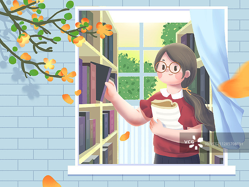 小清新图书馆书架旁戴眼镜的女孩插画图片素材