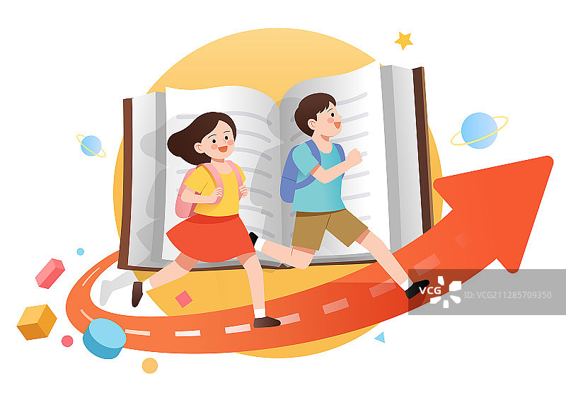 两个学生在书本和箭头上向前奔跑图片素材