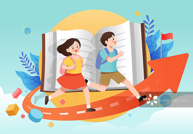 两个学生在箭头上奔跑和书本背景图片素材
