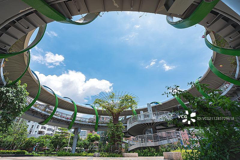 广东省深圳市盐田区深盐路人行天桥桥底低视角仰拍天空白天风光图片素材