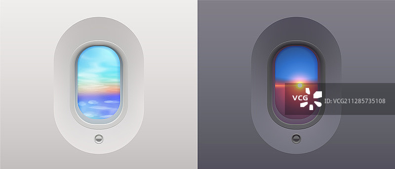 蓝天白云的昼夜飞机舷窗景色图片素材