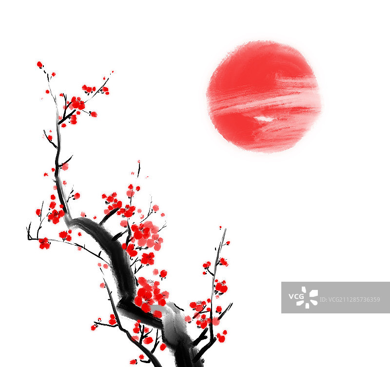 传统文化水墨中国画梅花红日图片素材