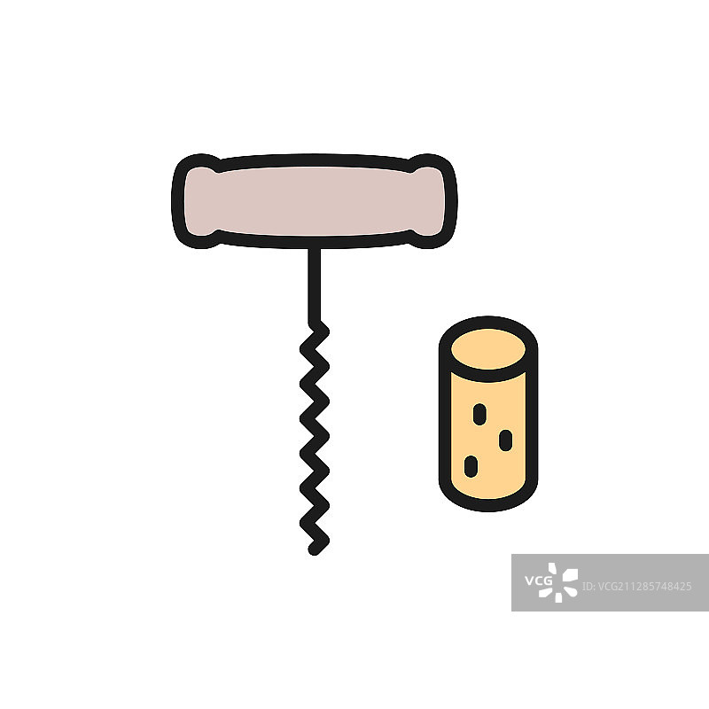 带软木塞的葡萄酒开瓶器扁平彩色线条图片素材