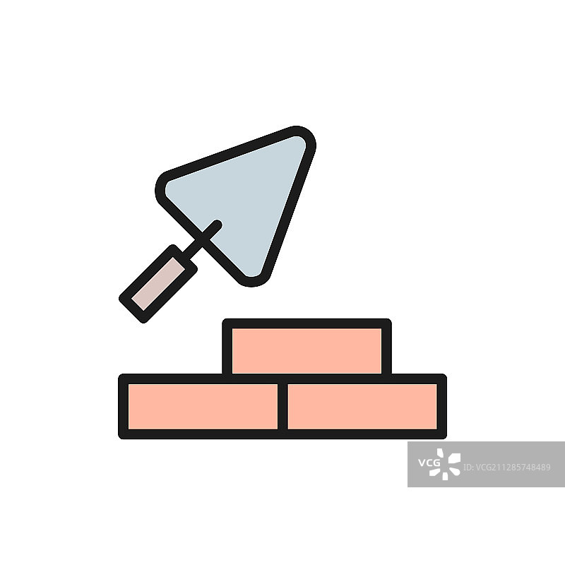 带建筑泥刀的砖块砌体扁平颜色图片素材