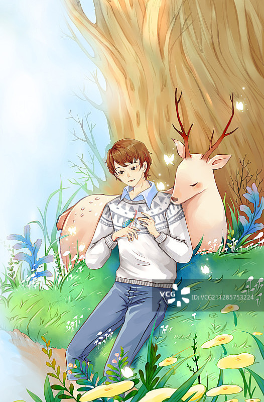 树下绿草地上的少年和鹿图片素材