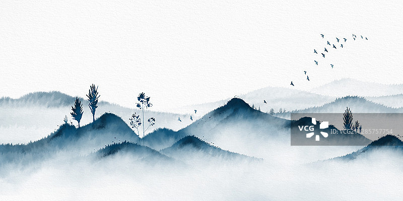 蓝色的水墨山水画 蓝色古典水彩画图片素材