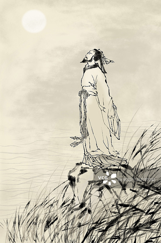 端午节一个诗人站在海边望着月亮图片素材