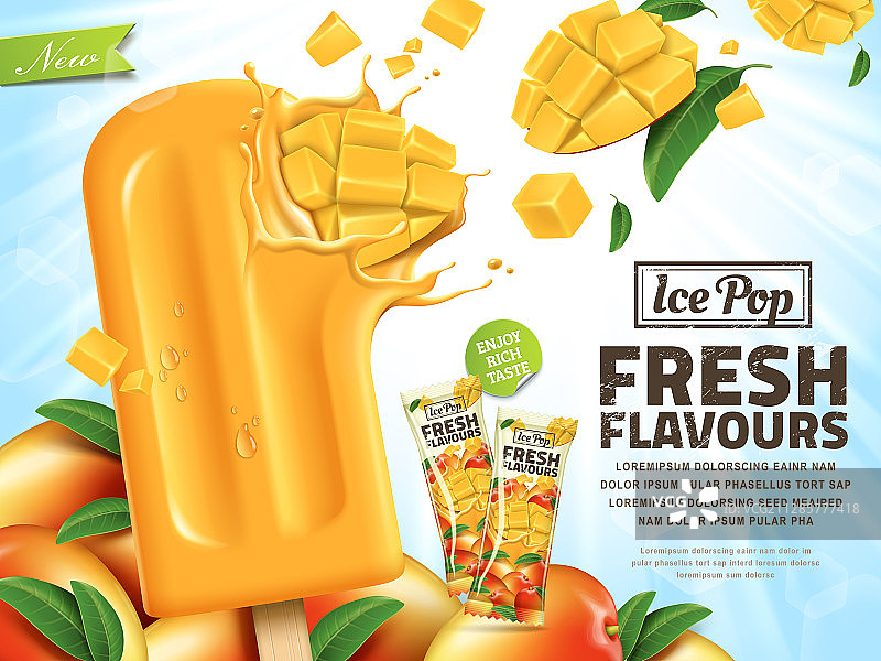 美味芒果冰棒廣告與切塊水果图片素材