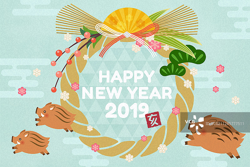 日本新年山猪与门松图片素材