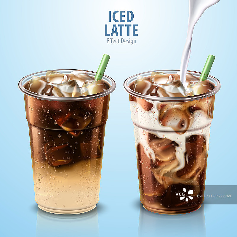 透明外带杯中的冰拿铁与牛奶图片素材