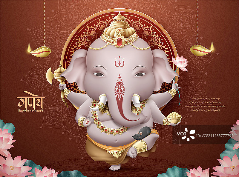 象神节可爱神祇与老鼠坐骑图片素材