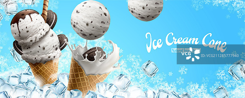 香草甜筒广告与冰块雪花特效图片素材