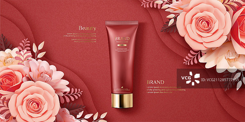 顶视优雅护肤品与纸玫瑰装饰图片素材