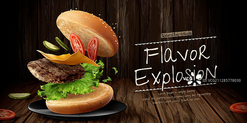 美味弹跳汉堡广告与木纹背景图片素材
