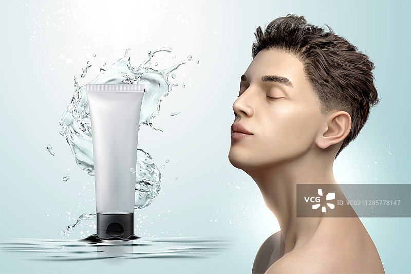 闭眼男性模特儿与护肤品模板图片素材