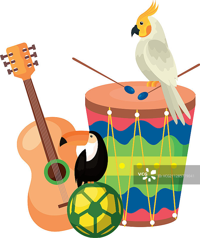 带鹦鹉和成套图标的鼓图片素材