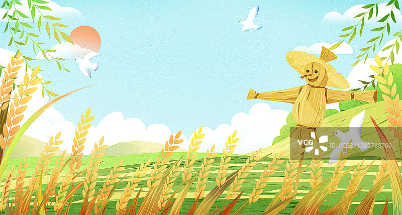 芒种稻草人守护稻田收获飞鸟太阳云插画图片素材