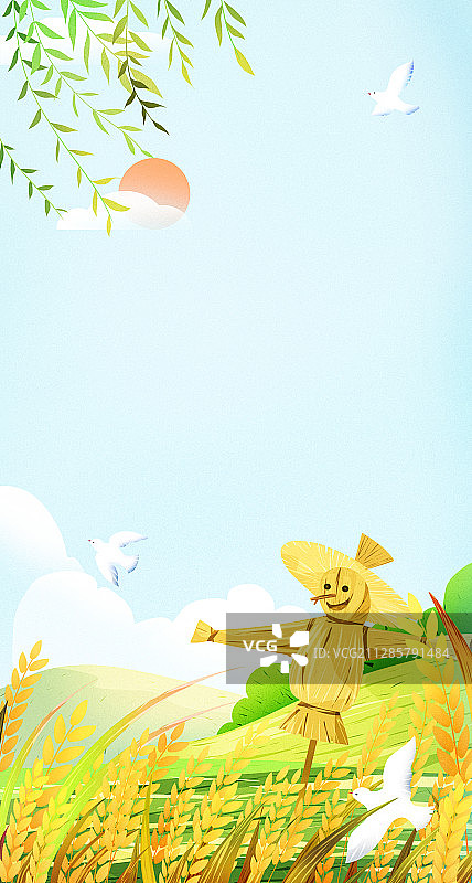 芒种稻草人守护稻田收获飞鸟太阳云竖版插画图片素材