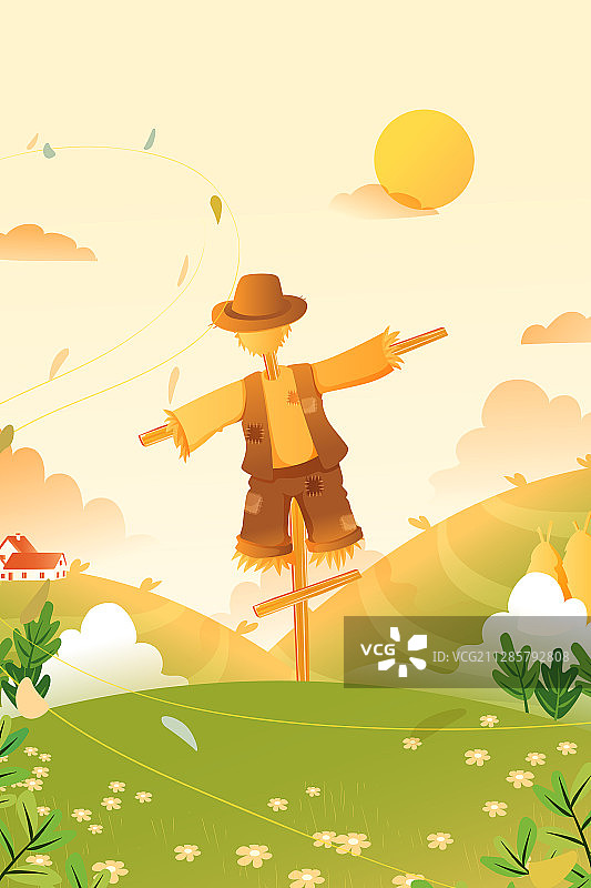 麦子农耕丰收收获农作物稻草人小满芒种二十四节气风景矢量插画图片素材