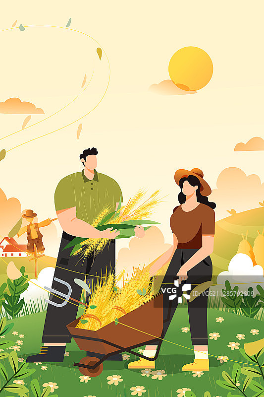 麦子农耕丰收收获农作物稻草人小满芒种二十四节气风景矢量插画图片素材